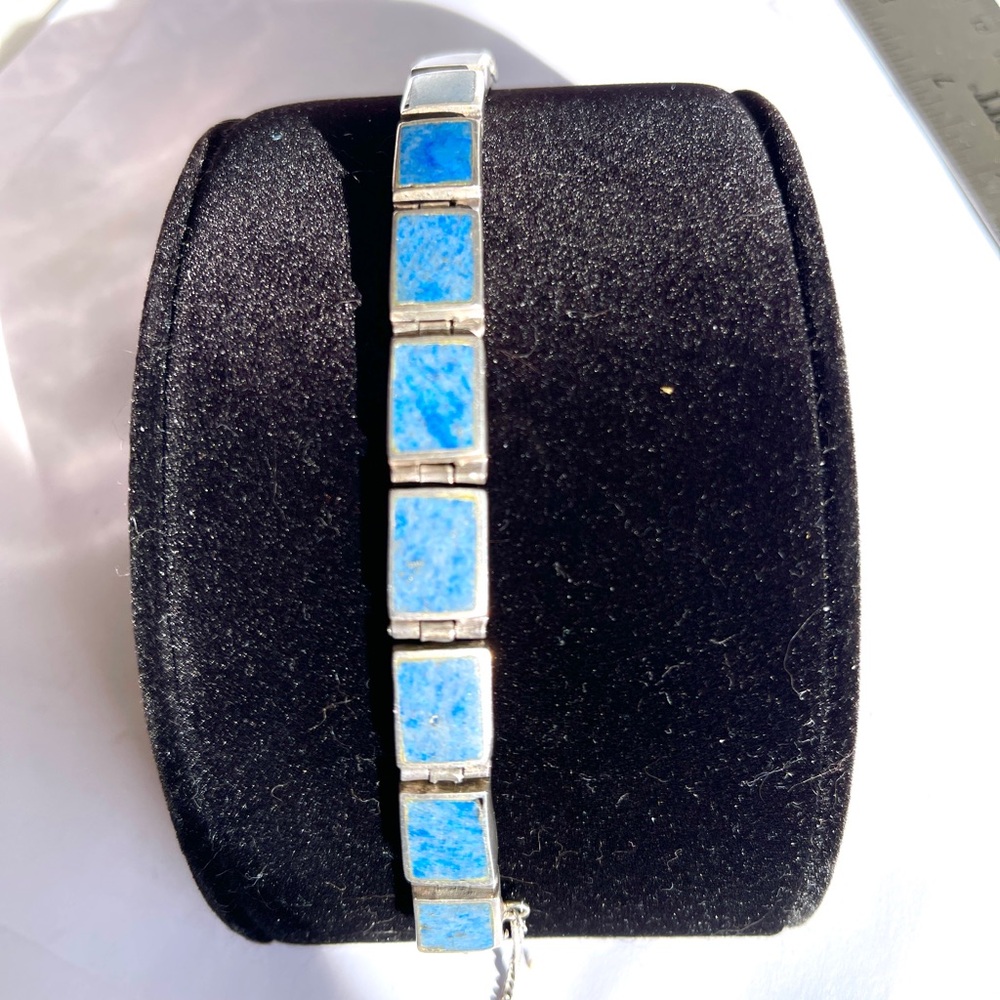 Vintage Taxco Sterling Silver Multiple Gemstone Rect. Panel Bracelet Reversible - Picture 6 of 17